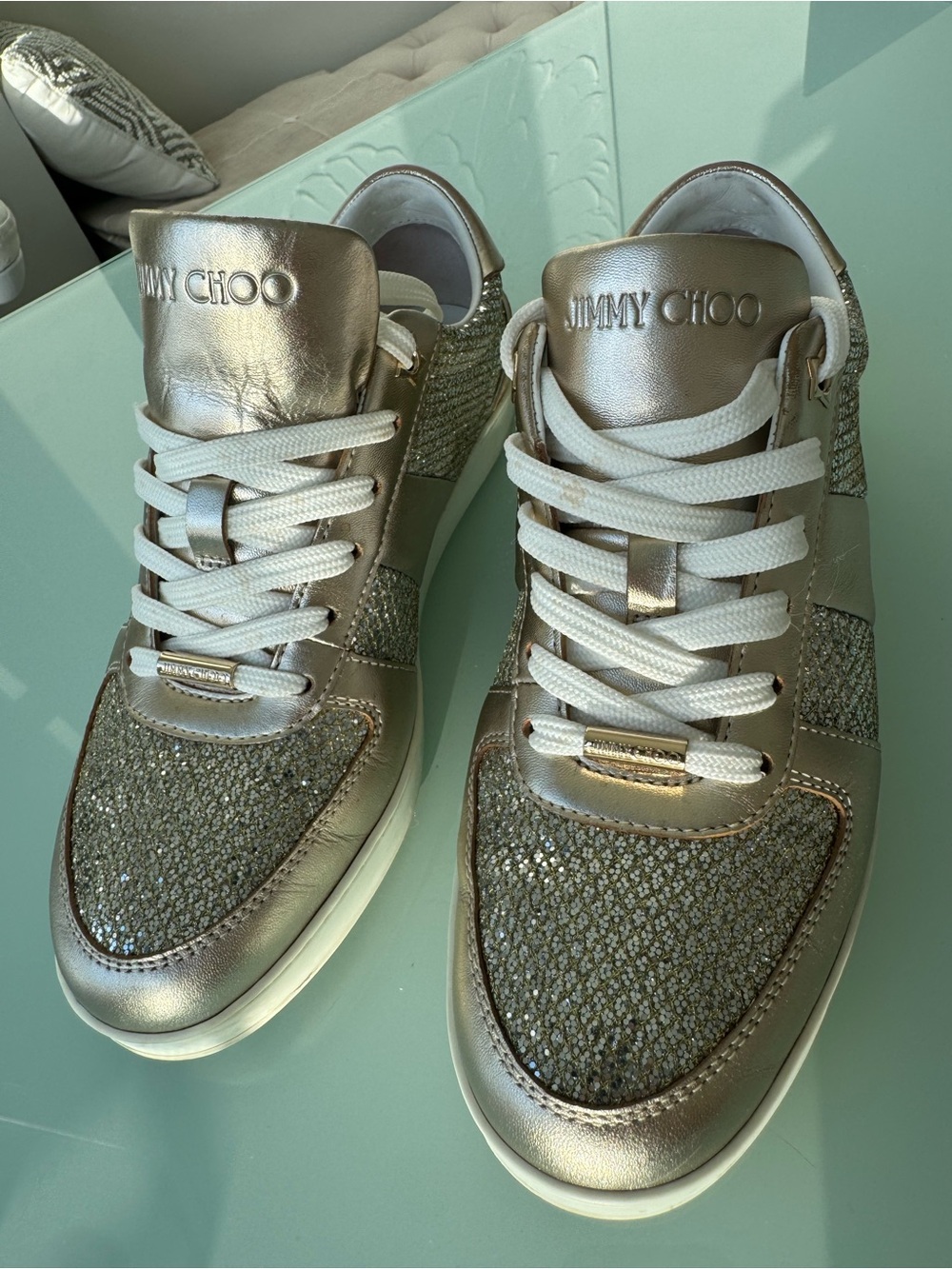 Jimmy Choo Metallic Gold and White Low-Top Sneakers